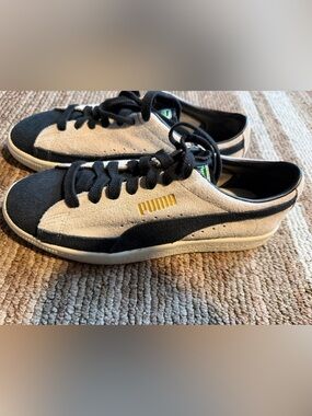 Puma Low-Top Suede Sneakers in White and Black with Gold Logo